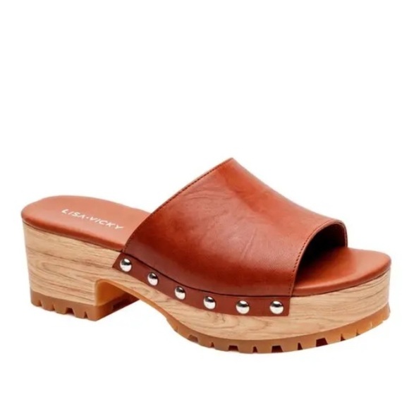 LISA VICKY Victor Platform Sandal Chestnut Stud Base Wooden Clog Mule - Picture 1 of 4